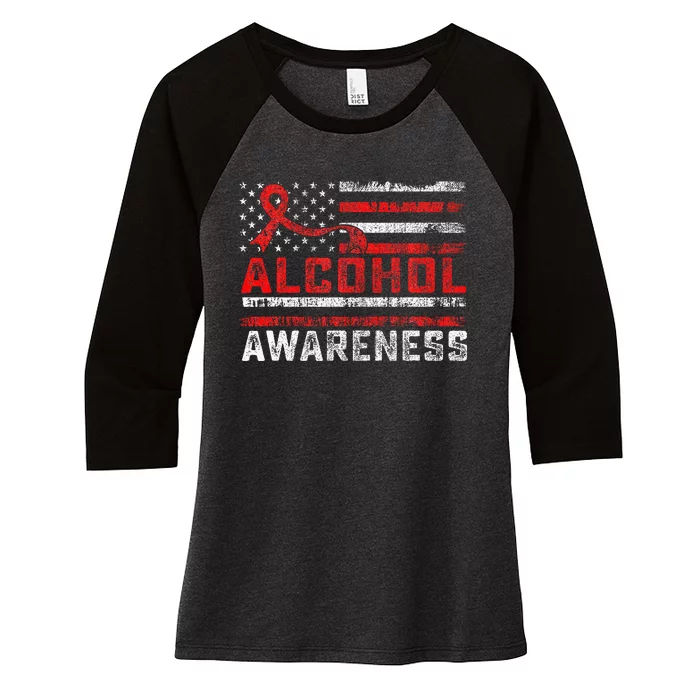 Alcohol Awareness Month American Flag Red Ribbon Women's Tri-Blend 3/4-Sleeve Raglan Shirt