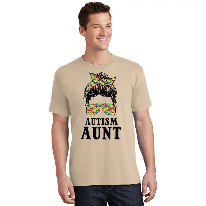 Autism Aunt Messy Bun Autism Awareness Auntie Support Family T-Shirt