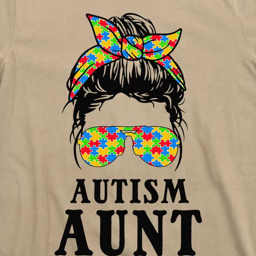 Autism Aunt Messy Bun Autism Awareness Auntie Support Family T-Shirt