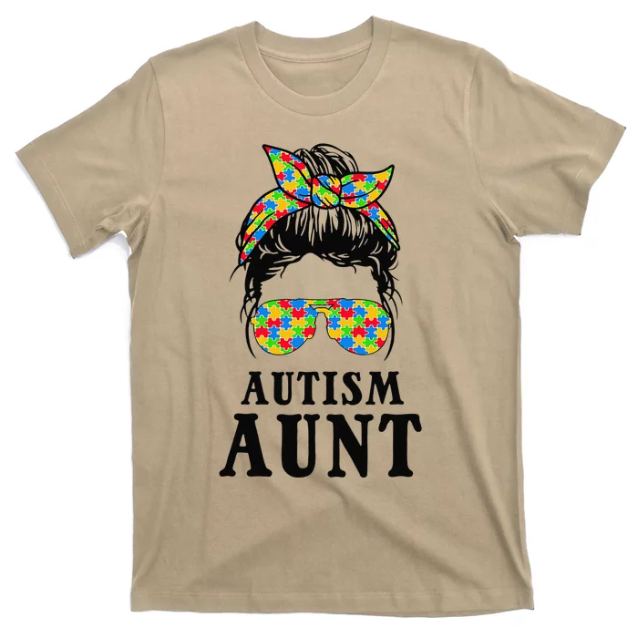 Autism Aunt Messy Bun Autism Awareness Auntie Support Family T-Shirt