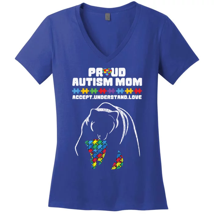 Autism Awareness Mom Proud Autistic Son Daughter Mama Bear Gift Women's V-Neck T-Shirt