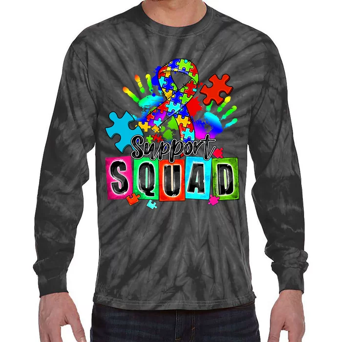 Autism Awareness Month Ribbon Support Squad Tie-Dye Long Sleeve Shirt