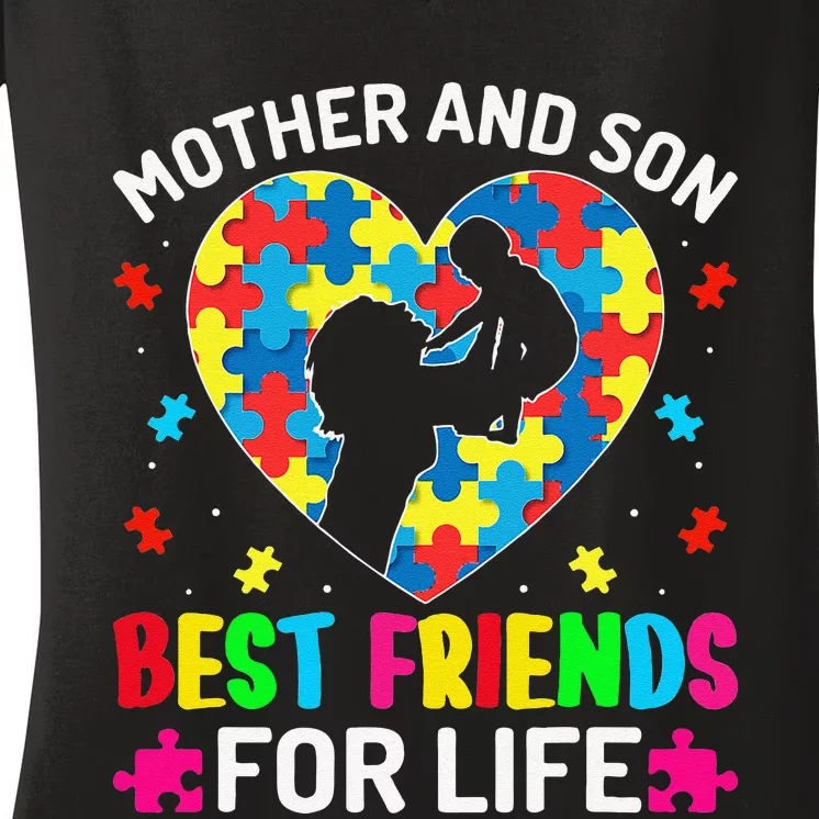 Autism Awareness Mother And Son ASD Autism Warriors Mama Women's V-Neck T-Shirt