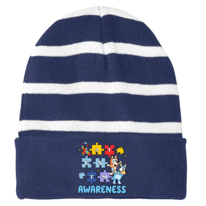 Autism Awareness Month Supporter Dog Lover Striped Beanie with Solid Band