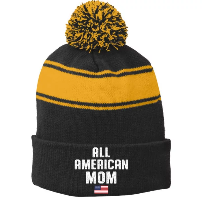 All American Mom USA Flag Stripe Pom Pom Beanie