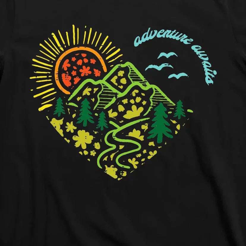 Adventure Awaits Mountains Sun Camping Hiking T-Shirt