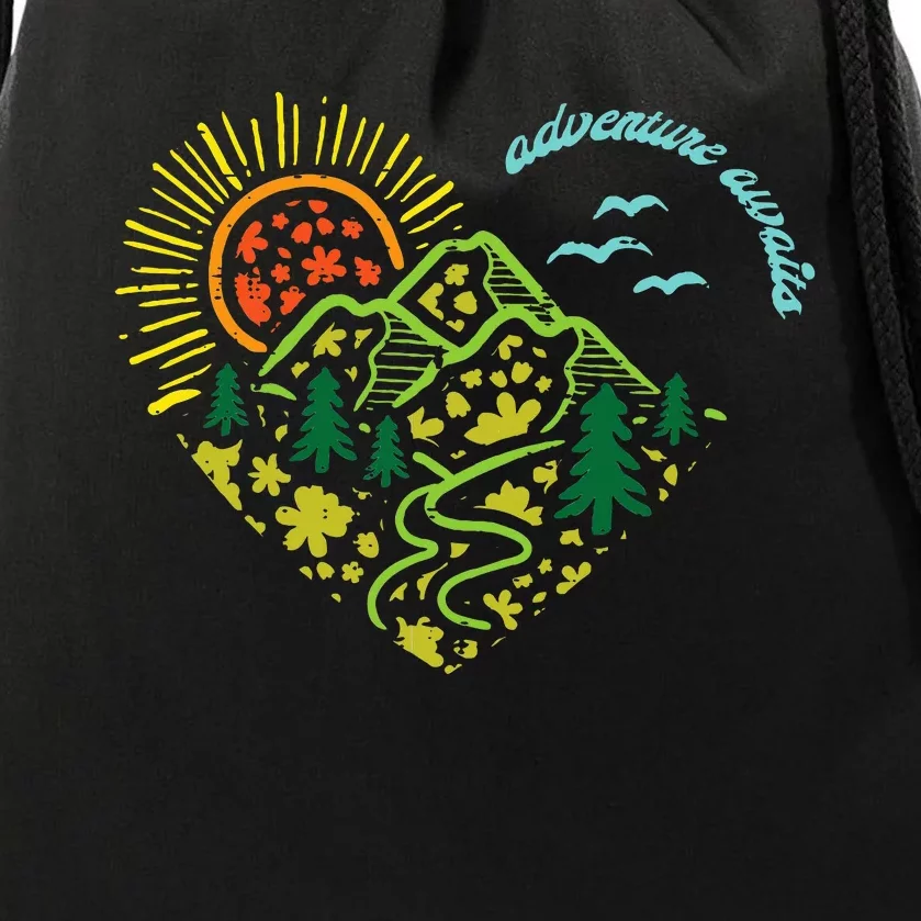 Adventure Awaits Mountains Sun Camping Hiking Drawstring Bag