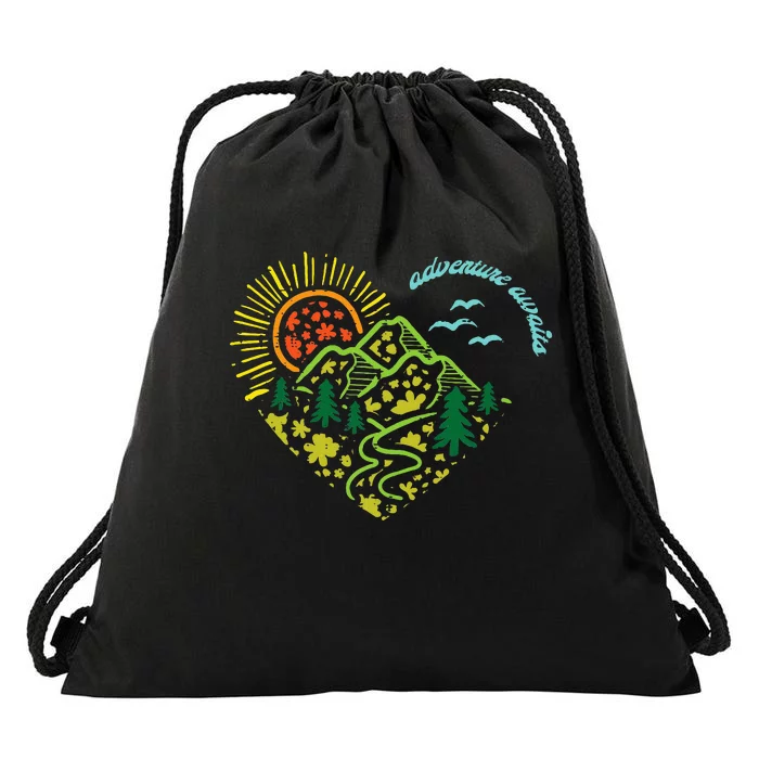 Adventure Awaits Mountains Sun Camping Hiking Drawstring Bag