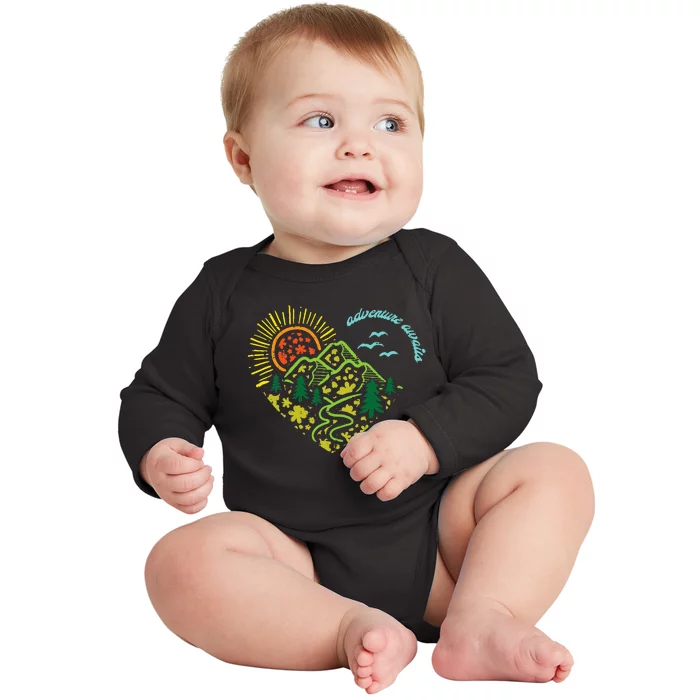 Adventure Awaits Mountains Sun Camping Hiking Baby Long Sleeve Bodysuit