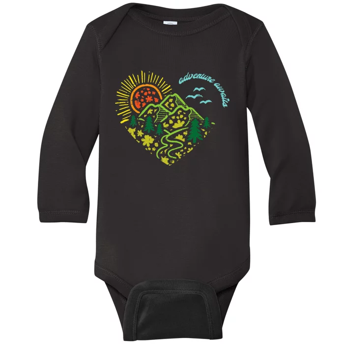 Adventure Awaits Mountains Sun Camping Hiking Baby Long Sleeve Bodysuit