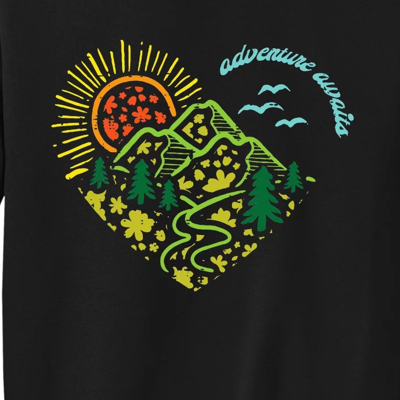 Adventure Awaits Mountains Sun Camping Hiking Tall Sweatshirt