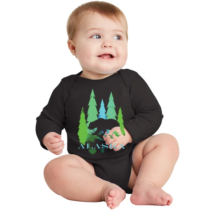 Alaska Alaskan Northern Light Trees With Bear Baby Long Sleeve Bodysuit