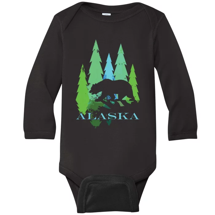 Alaska Alaskan Northern Light Trees With Bear Baby Long Sleeve Bodysuit