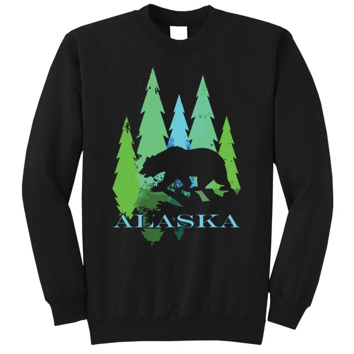 Alaska Alaskan Northern Light Trees With Bear Tall Sweatshirt