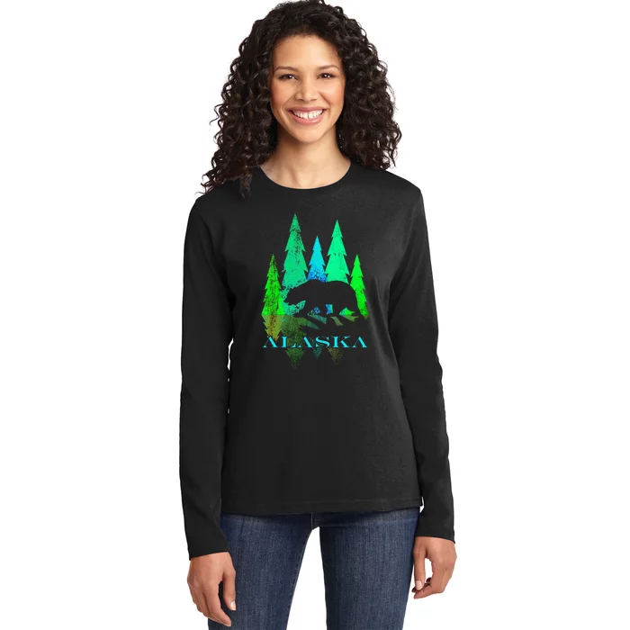 Alaska Alaskan Northern Light Trees With Bear Ladies Long Sleeve Shirt