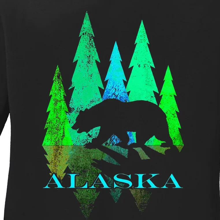 Alaska Alaskan Northern Light Trees With Bear Ladies Long Sleeve Shirt