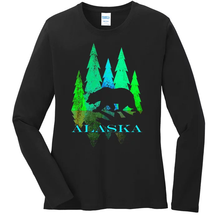 Alaska Alaskan Northern Light Trees With Bear Ladies Long Sleeve Shirt