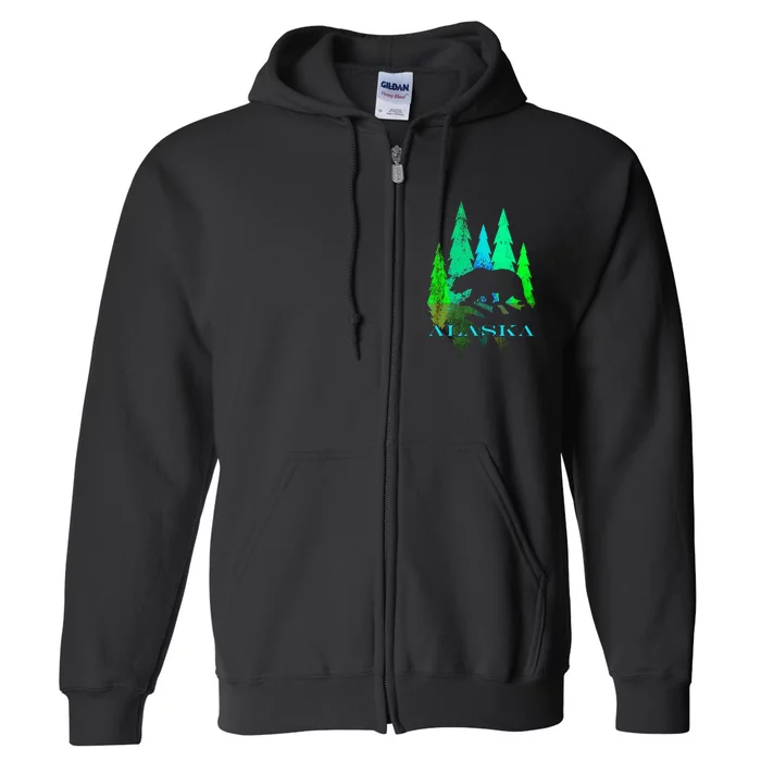 Alaska Alaskan Northern Light Trees With Bear Full Zip Hoodie