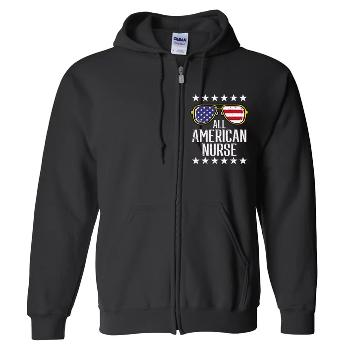 All American Nurse Scrub Memorial Day 4th of July RN Full Zip Hoodie