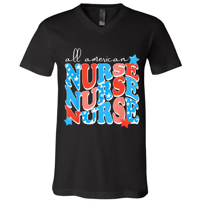 All American Nurse For Memorial Day and 4th of July V-Neck T-Shirt