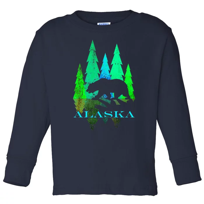 Alaska Alaskan Northern Light Trees With Bear Toddler Long Sleeve Shirt