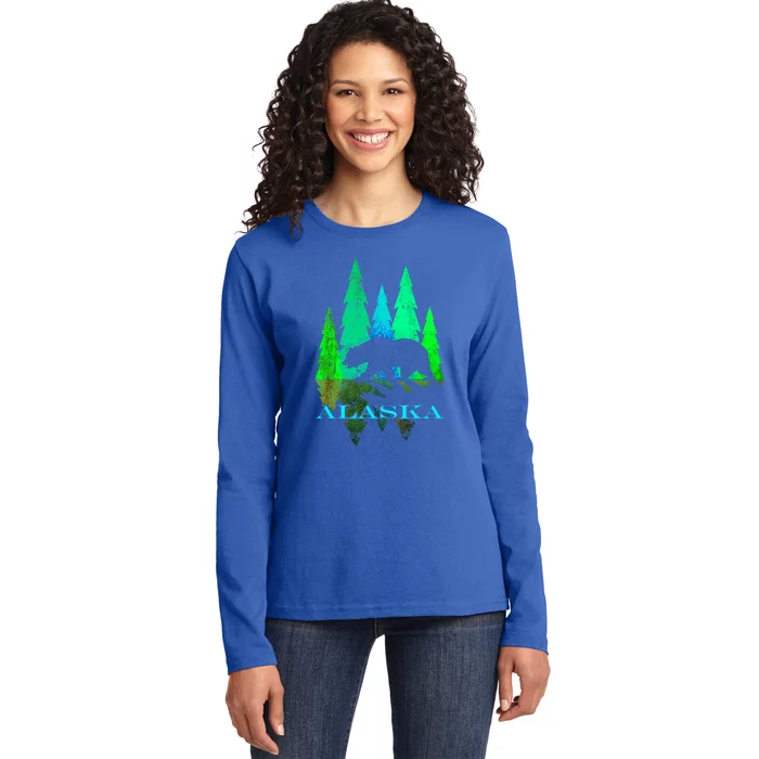 Alaska Alaskan Northern Light Trees With Bear Ladies Long Sleeve Shirt