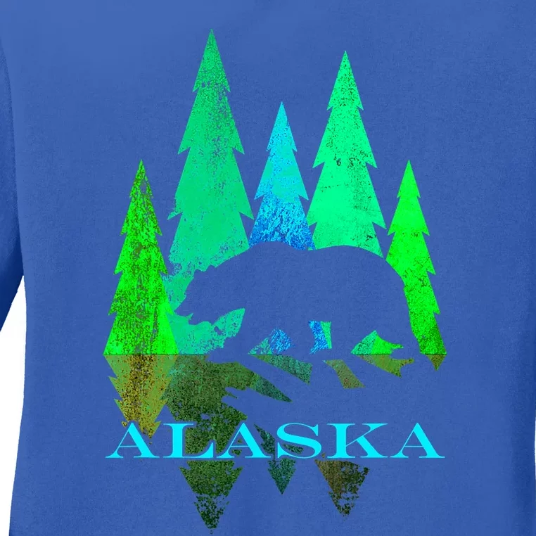 Alaska Alaskan Northern Light Trees With Bear Ladies Long Sleeve Shirt