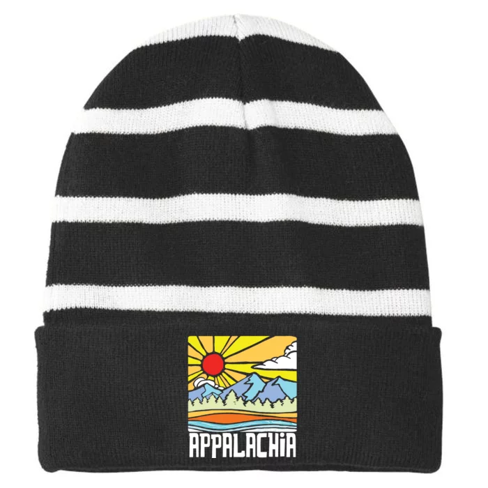 Appalachia Artistic Nature Mountains Vintage Graphic Striped Beanie with Solid Band