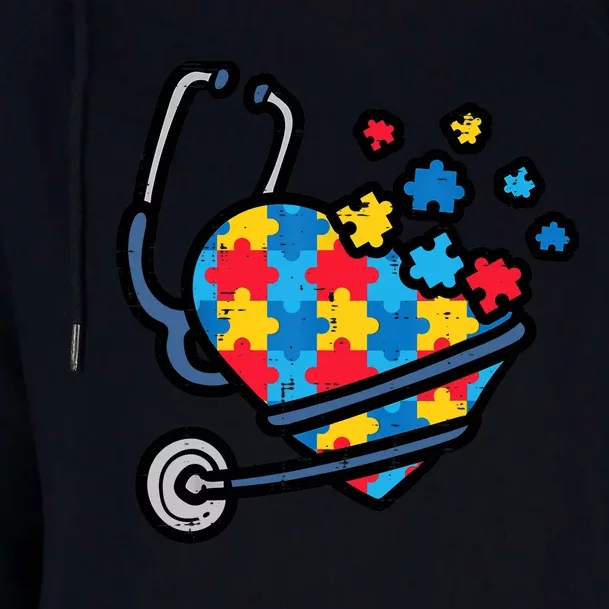 Autism Awareness Nurse Stethoscope Heart ASD Scrub Top Wo Womens Funnel Neck Pullover Hood