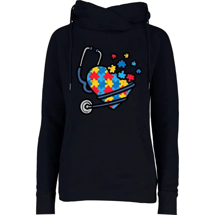 Autism Awareness Nurse Stethoscope Heart ASD Scrub Top Wo Womens Funnel Neck Pullover Hood