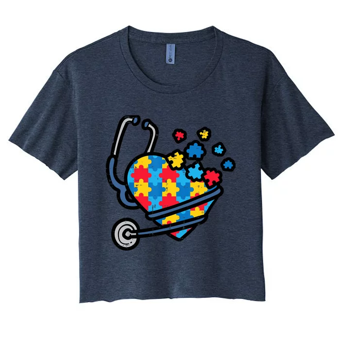 Autism Awareness Nurse Stethoscope Heart ASD Scrub Top Wo Women's Crop Top Tee