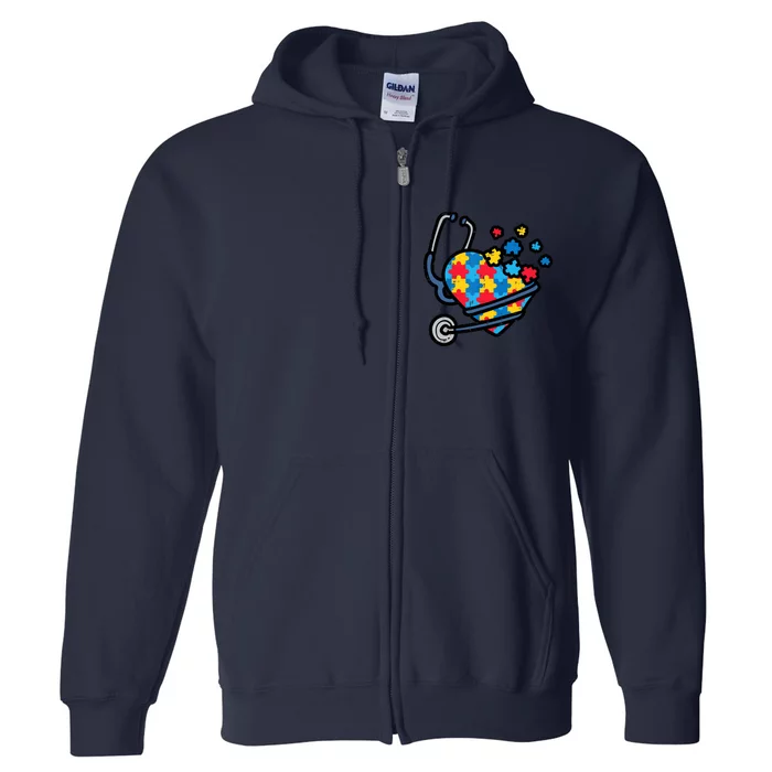 Autism Awareness Nurse Stethoscope Heart ASD Scrub Top Wo Full Zip Hoodie