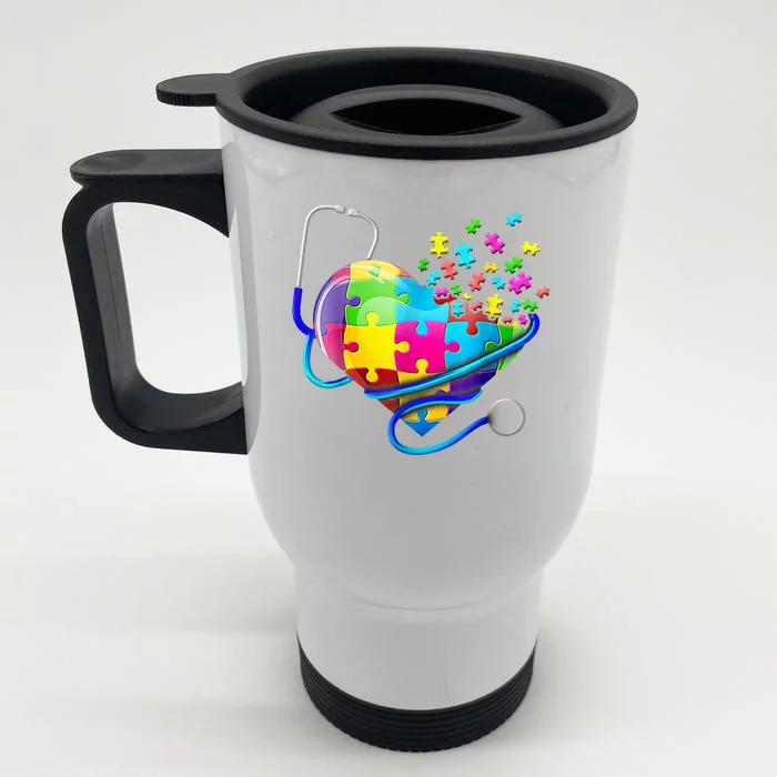 Autism Awareness Nurse Heart Front & Back Stainless Steel Travel Mug