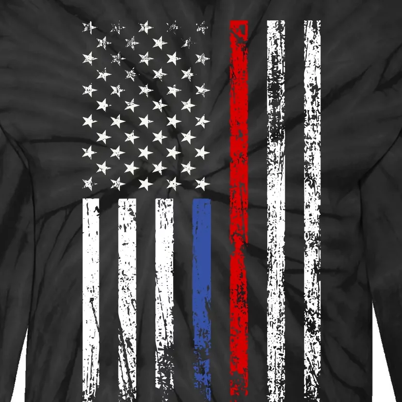 AnAmericanFlagWithMilitary,PoliceAndFirefighterStripesDesign Tie-Dye Long Sleeve Shirt