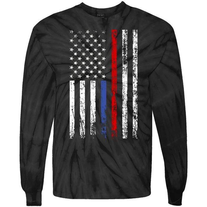 AnAmericanFlagWithMilitary,PoliceAndFirefighterStripesDesign Tie-Dye Long Sleeve Shirt