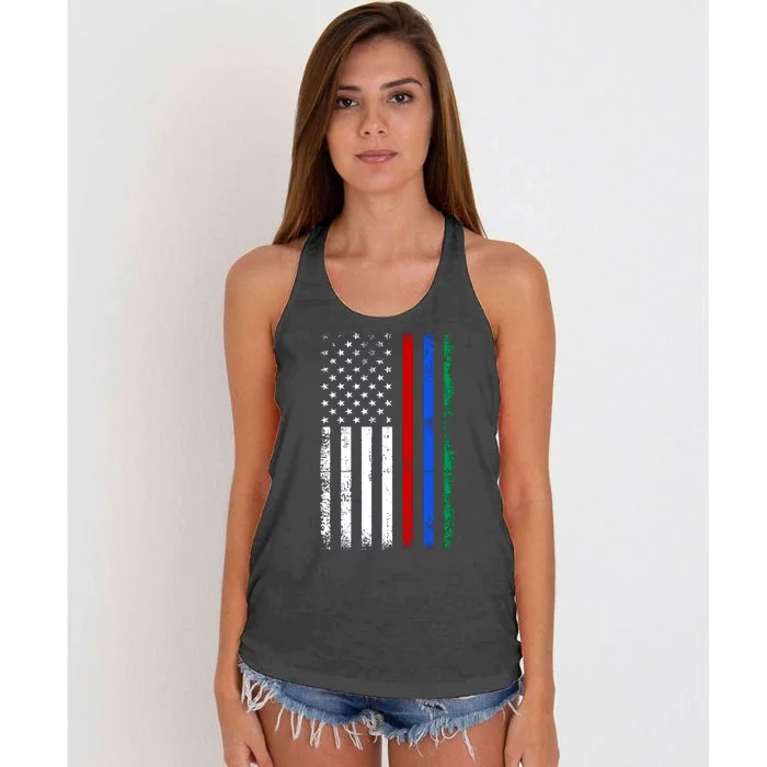 AnAmericanFlagWithMilitary,PoliceAndFirefighterStripesDesign Women's Knotted Racerback Tank