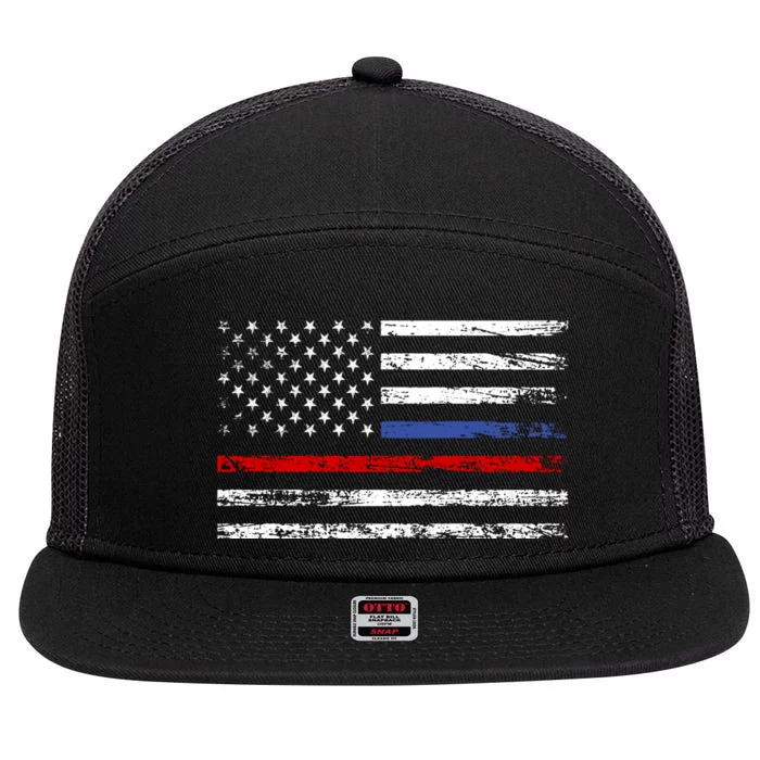 AnAmericanFlagWithPoliceAndFirefighterStripesDesign 7 Panel Mesh Trucker Snapback Hat