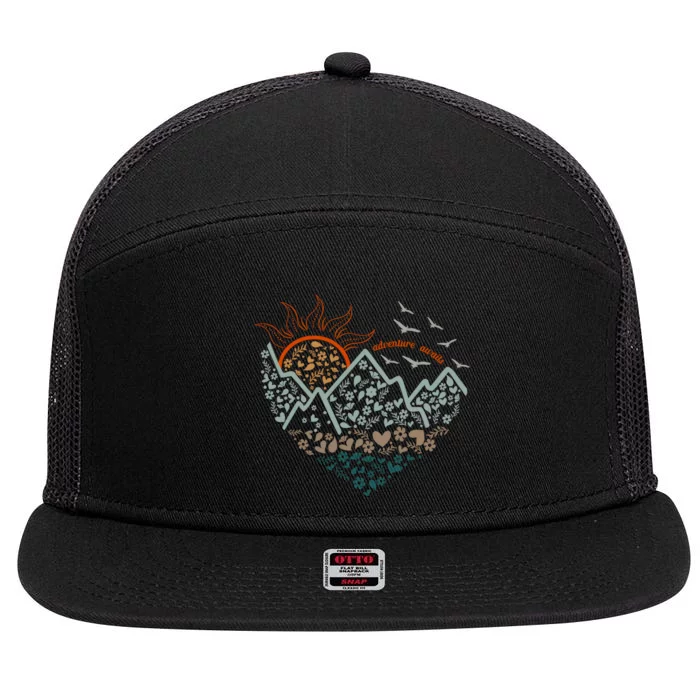 Adventure Awaits Nature Camp Lover Wanderlust Explore More 7 Panel Mesh Trucker Snapback Hat