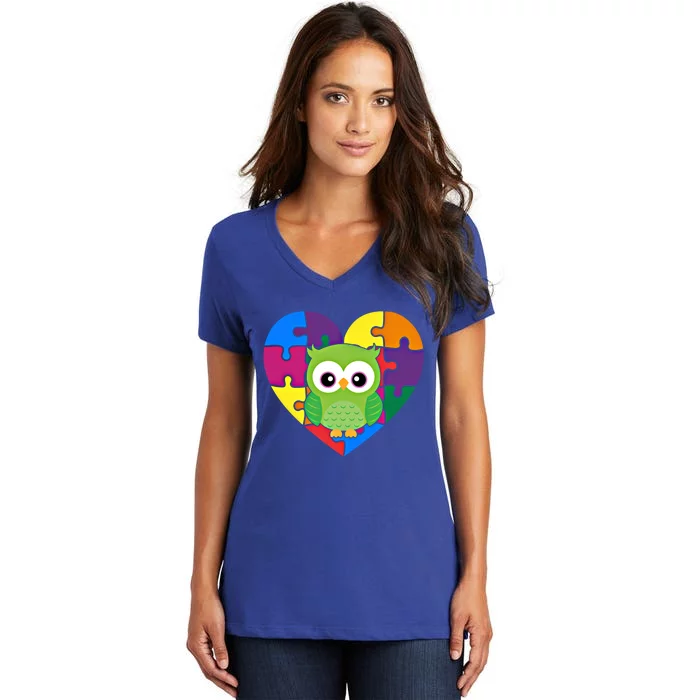 Autism Awareness Owl Heart ValentineS Day Puzzle Piece Gift Women's V-Neck T-Shirt