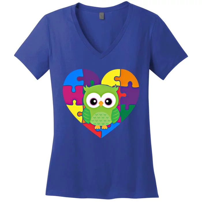 Autism Awareness Owl Heart ValentineS Day Puzzle Piece Gift Women's V-Neck T-Shirt