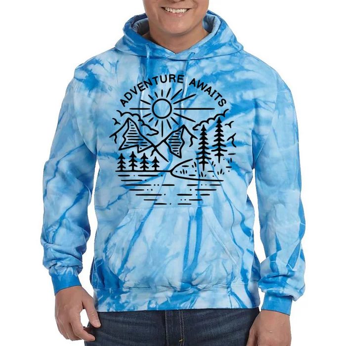 Adventure Awaits Outdoors Apparel Camping Mountains Lake Tie Dye Hoodie