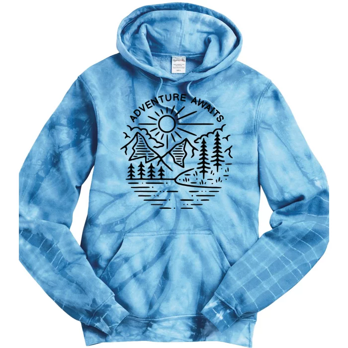 Adventure Awaits Outdoors Apparel Camping Mountains Lake Tie Dye Hoodie