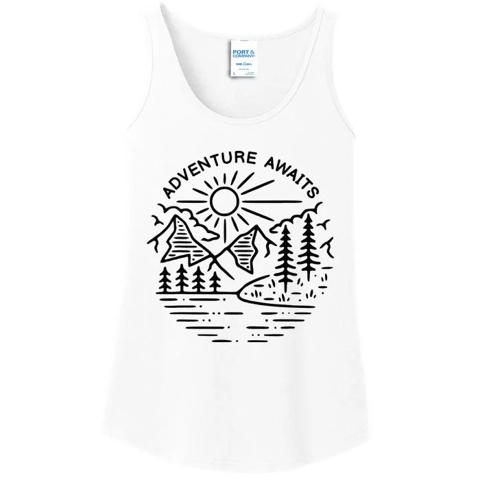 Adventure Awaits Outdoors Apparel Camping Mountains Lake Ladies Essential Tank