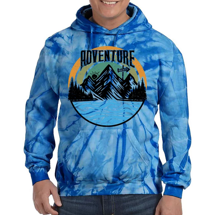 Adventure Awaits Outdoor Travel Graphic Tie Dye Hoodie