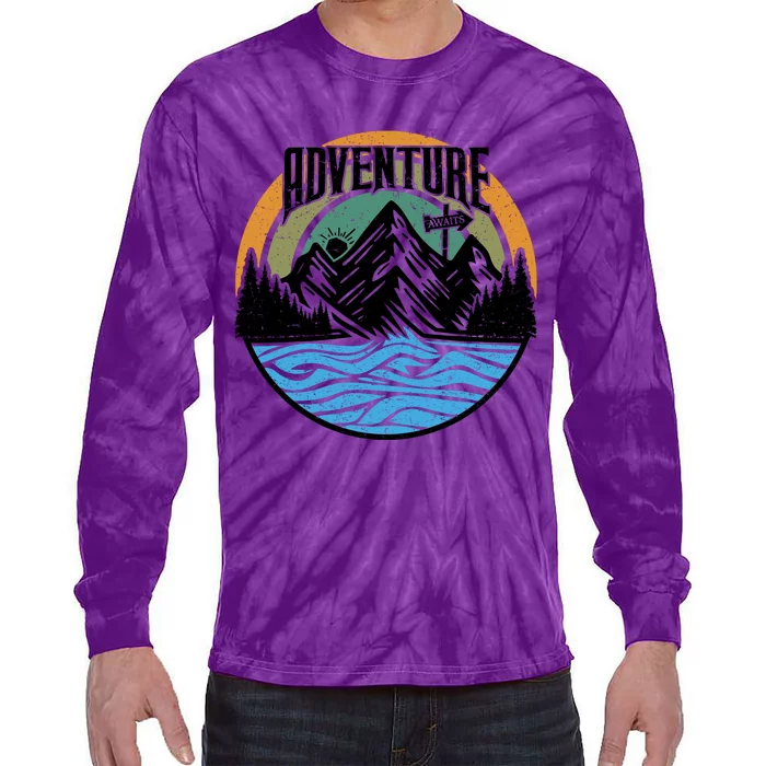 Adventure Awaits Outdoor Travel Graphic Tie-Dye Long Sleeve Shirt