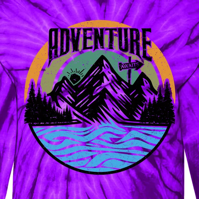 Adventure Awaits Outdoor Travel Graphic Tie-Dye Long Sleeve Shirt