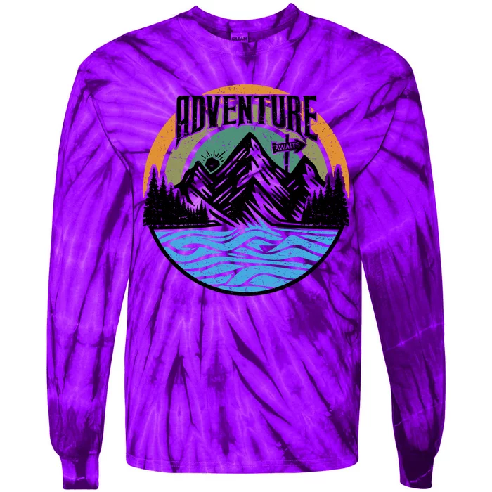 Adventure Awaits Outdoor Travel Graphic Tie-Dye Long Sleeve Shirt