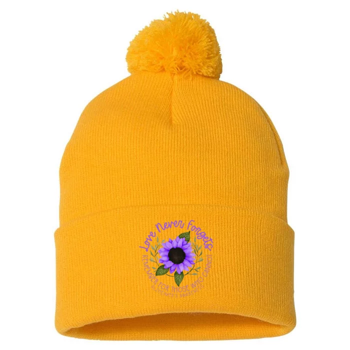 Alzheimer Awareness Purple Sunflower Pom Pom 12in Knit Beanie