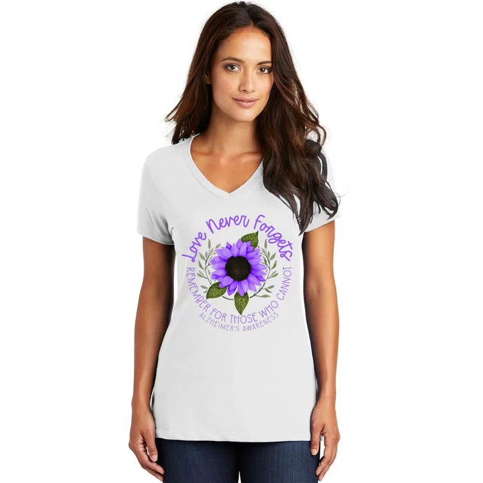 Alzheimer Awareness Purple Sunflower Women's V-Neck T-Shirt