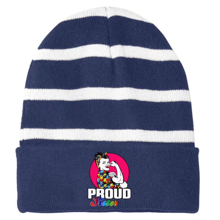 Autism Awareness Proud Sister Embrace Differences Gift Striped Beanie with Solid Band